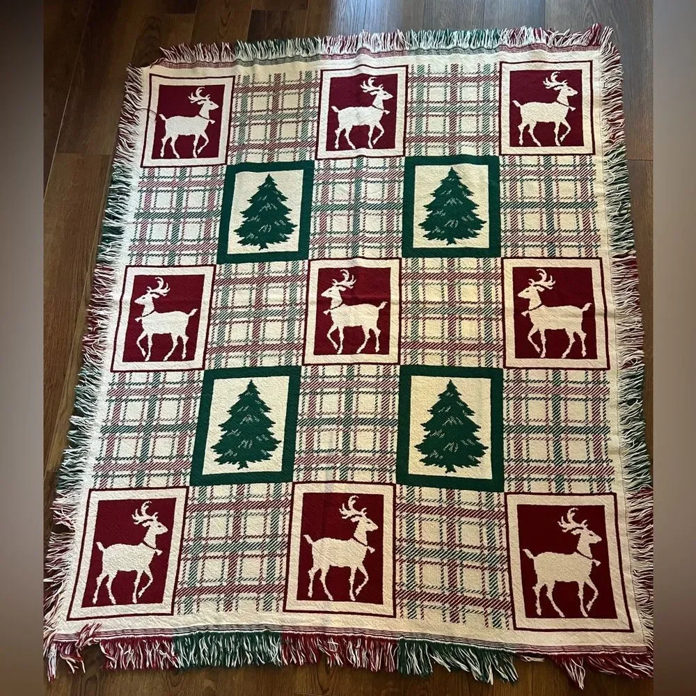 Vintage Woven Cotton Tapestry Fringed Christmas Throw Blanket trees reindeer